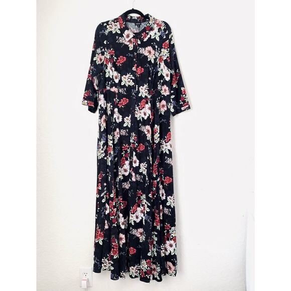 Torrid Maxi Shirt Dress 2X Black Floral Dark Feminine Garden Party Whimsy Boho - Picture 1 of 12